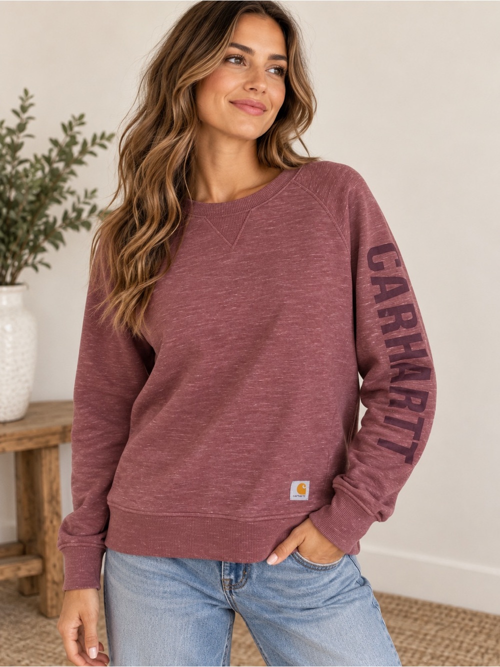 Carhartt Women's Dusty Maroon Sleeve Logo Crewneck Sweatshirt